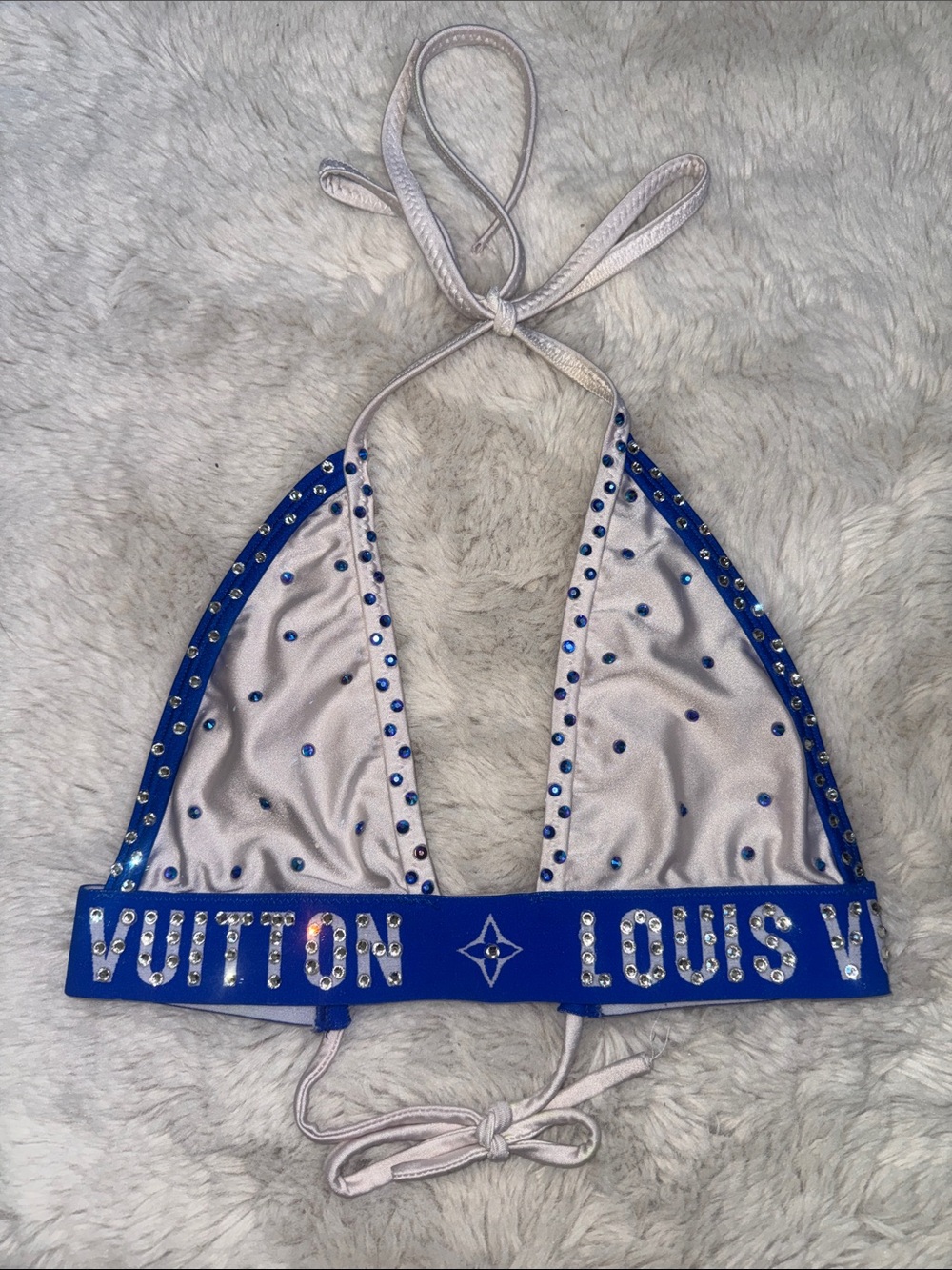 LV Silver and Blue Crystal Logo Triangle Bikini Top exotic dancewear